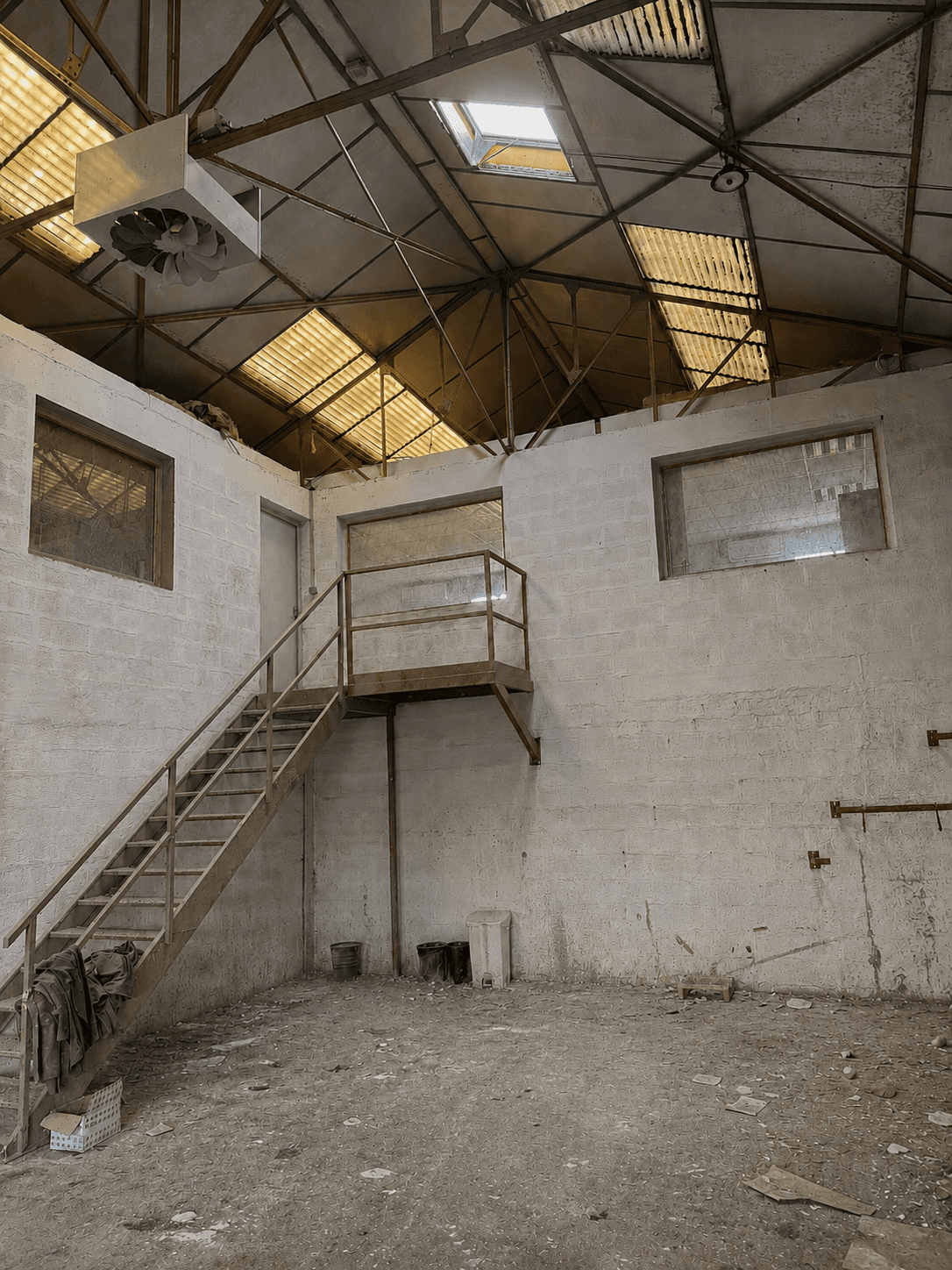 Hangar avec gravats et poussière de chantier avant nettoyage
