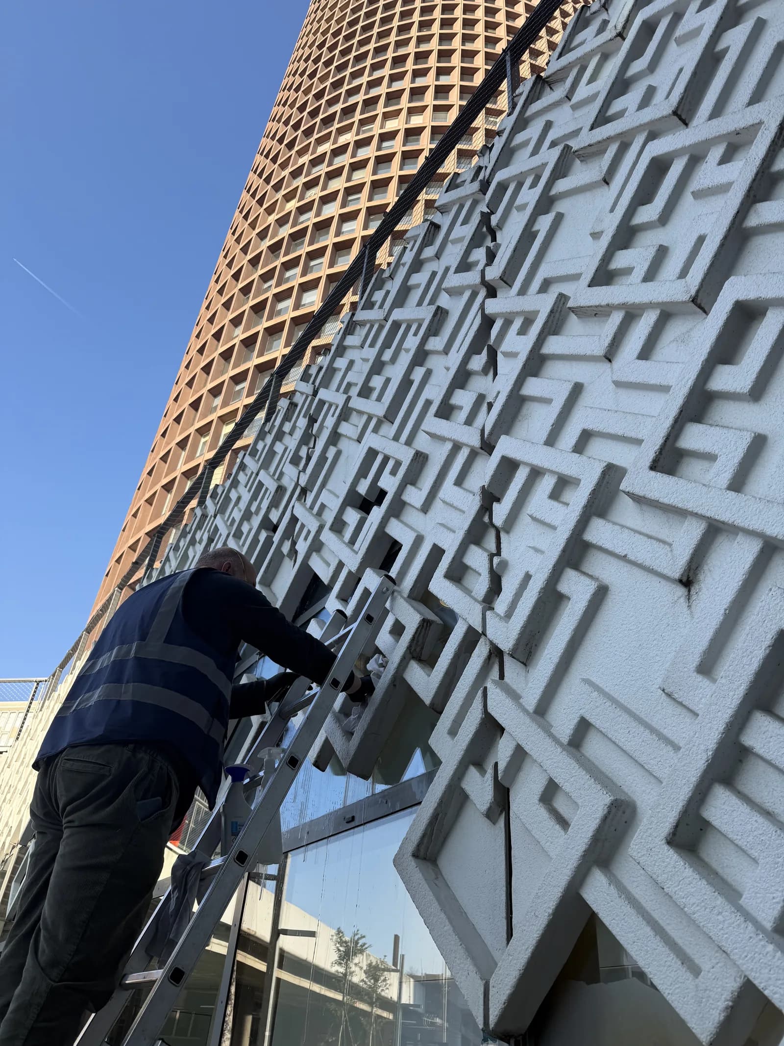Technicien JB Service nettoyant une facade vitree architecturale sur echelle a Lyon