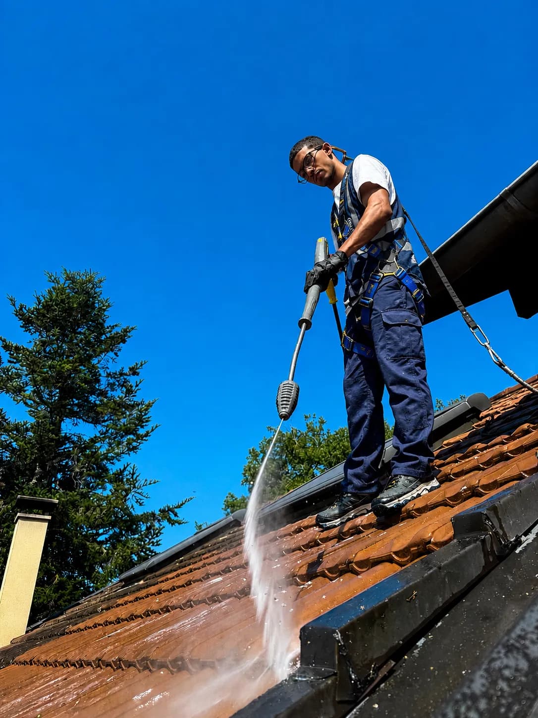 Toiture en tuiles reprise sous harnais - JB Service nettoyage de panneaux solaires à Lyon